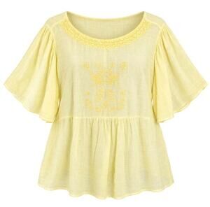 Cable & Gauge Top Yellow Embroidered Flutter Sleeve Boho Peasant Womens 3X